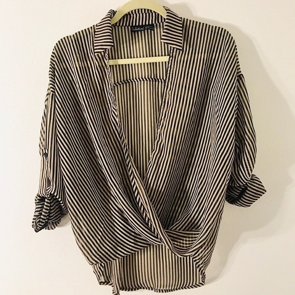 Tan brown / black stripe blouse - Picture 1 of 5